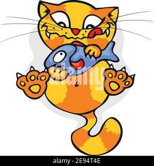 Striped cat with a fish Stock Vector