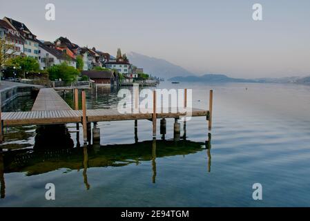 Lake Zug – beautiful lake in Swiss alps in Central Switzerland, situated between Lake Lucerne and Lake Zurich. Stock Photo