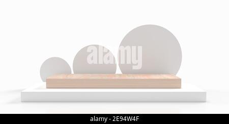 3D rendered geometric white and wood shapes designed around a platform. Abstract sculptures in minimalist composition. Visualization of graphic design Stock Photo