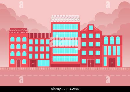 Bright pink buildings with windows and doors vector illustration Stock Vector