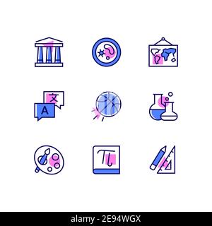 School subjects - modern line design style icons set with color accents. Learning, educational courses concept. History, geography, biology, language, Stock Vector