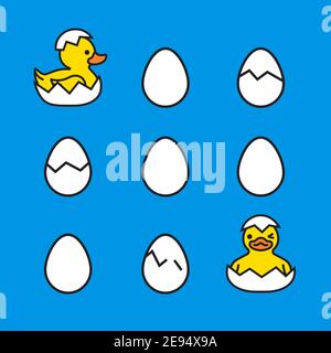 Yellow ducks chicks hatching from the eggs Stock Vector