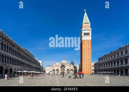 Venice, Italy, Sept. 11, 2020 – Wide view of St. Mark's Square and bell tower St Mark's Basilica