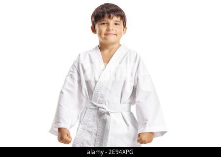 Child posing in karate kimono isolated on white background Stock Photo