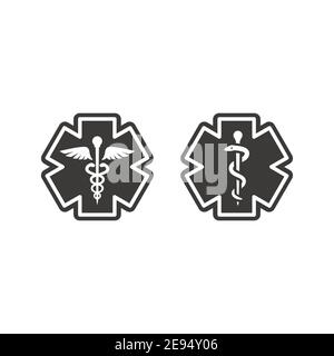 First aid, medical emergency vector symbol. Rod of asclepius or aesculapius and Caduceus with snake, ems icon. Stock Vector