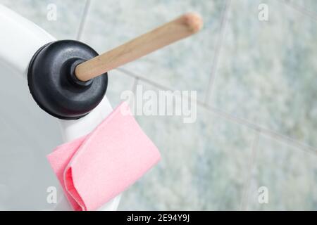 Using suction cup to clean up clogged toilet, close up with copy space. Stock Photo