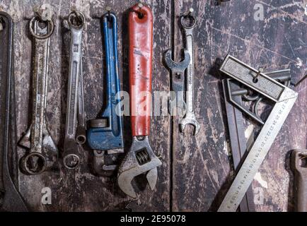 Vintage tools with some of them made in the USSR. The image is taken in a rustic shop of a self-employed Cuban man Stock Photo