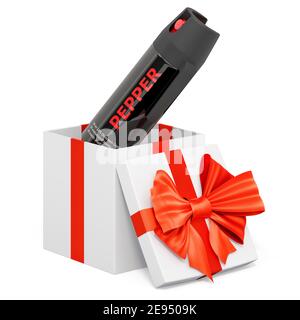 Pepper spray inside gift box, present concept. 3D rendering isolated on white background Stock Photo