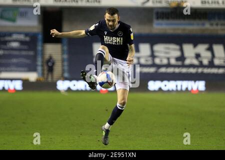 London, UK. 02nd Feb, 2021. Scott Malone of Millwall in action during the game. EFL Skybet Championship match, Millwall v Norwich City at the Den in London on Tuesday 2nd February 2021. this image may only be used for Editorial purposes. Editorial use only, license required for commercial use. No use in betting, games or a single club/league/player publications. pic by Steffan Bowen/Andrew Orchard sports photography/Alamy Live news Credit: Andrew Orchard sports photography/Alamy Live News Stock Photo