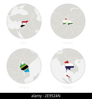 Syria, Tajikistan, Tanzania, Thailand map contour and national flag in a circle. Vector Illustration. Stock Vector