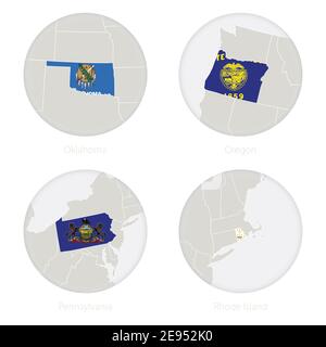 Oklahoma, Oregon, Pennsylvania, Rhode Island US states map contour and national flag in a circle. Vector Illustration. Stock Vector