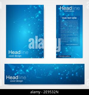 Set flyer, brochure size A4 template,banner. Molecular structure with connected lines and dots. Scientific pattern atom DNA with elements for magazine Stock Vector