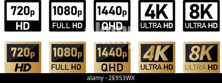 Video or tv screen resolution icons set. Black, white and golden version, size from 720p to 8k Stock Vector