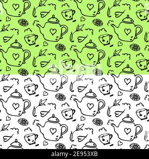 Doodle tea pot, cup seamless pattern. Hand drawn cartoon style, monochrome grey line. White backround is easy to change Stock Vector