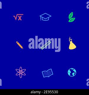 School subjects icons. Symbols for the educational sector. High quality vector on a blue background. Stock Vector