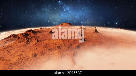 Desert exoplanet with glowing nebula in the background. 3d illustration Stock Photo