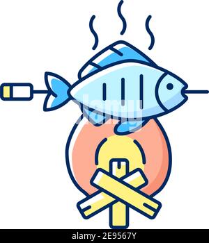 Cooking freshly caught fish RGB color icon Stock Vector