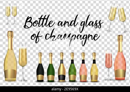 Big Collection Set of Realistic 3D champagne Golden, Pink and Green Bottle and glass isolated on transparent background. Vector Illustration Stock Vector