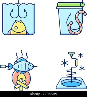 Cooking freshly caught fish RGB color icons set Stock Vector