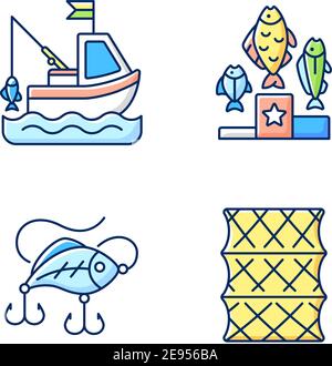 Fishing icons, fish catch tournament vector emblems, seafood market ...