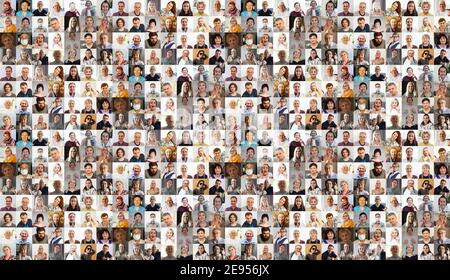 Hundreds of multiracial people crowd portraits headshots collection, collage mosaic. Many lot of multicultural different male and female smiling faces Stock Photo