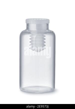 Front view of empty clear glass medical pills bottle isolated on white Stock Photo