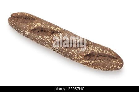 Top view of whole grain rye baguette with sesame seeds isolated on white Stock Photo