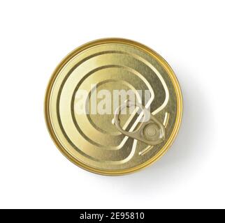 Top view of golden ring pull tin can isolated on white Stock Photo