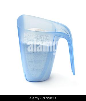 Blue plastic washing powder measuring cup isolated on white Stock Photo -  Alamy