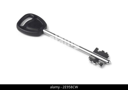 Lever tumbler lock key made of steel and plastic isolated on white Stock Photo