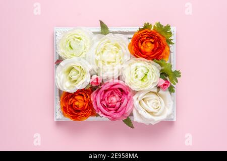 Creative layout of beautiful rose flowers in frame on pink background. Minimal holiday concept. Stock Photo