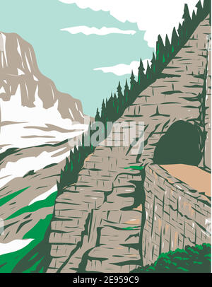 WPA poster art of Going-to-the-Sun Road in Eastside tunnel and Mt. Reynolds, Glacier National Park, Montana, United States in works project administra Stock Vector