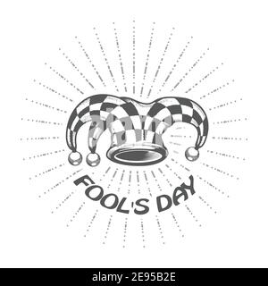 Fools day poster, jester or joker checked hat with bells, harlequin headwear, vector Stock Vector