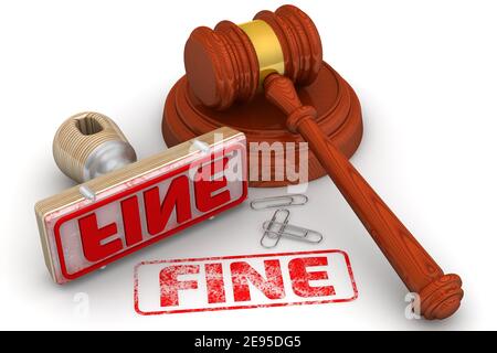 Penalty verdict. The fine. The stamp and an imprint. Wooden stamp and red imprint FINE with judge's hammer on white surface. 3D illustration Stock Photo
