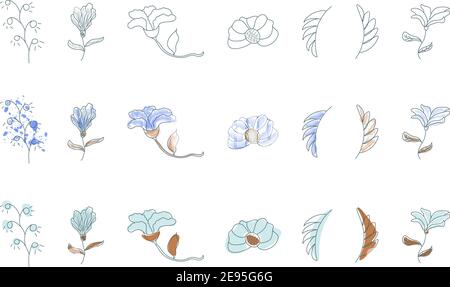Set of outline botanical doodles. The abstract graphic elements of continuous line drawing transparent and with watercolor Stock Vector