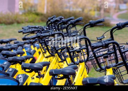 Bicycle sharing in Europe. A healthy walk. quick ride.World Cycling Day June 3 Sports bike.Healthy lifestyle and sport in the city Stock Photo