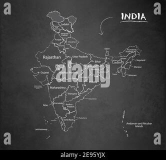 India map administrative division, separates regions and names individual region, design card blackboard chalkboard vector Stock Vector