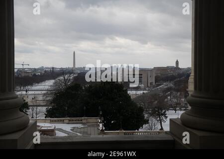 Washington, USA. 02nd Feb, 2021. The National Mall and downtown Pennsylvania Avenue seen from the U.S. Capitol, in Washington, DC, on Tuesday, February 2, 2021. Last night, a group of Republican Senators met with President Biden at the White House, as Congressional leaders move forward with negotiations for additional coronavirus relief measures. (Graeme Sloan/Sipa USA) Credit: Sipa USA/Alamy Live News Stock Photo