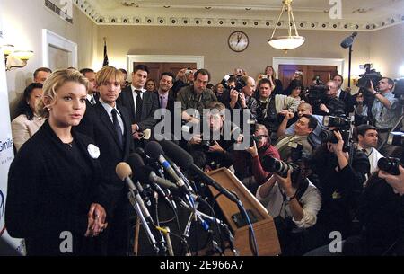 US singer and actress, Jessica Simpson holds a press conference on Capitol Hill, on March 16, 2006 in Washington, DC, USA, to publicize the program of Operation Smile which provides free treatment and aftercare to children and young adults suffering from facial deformities. She meet with several senators, representatives and congressman on behalf of the charity. Photo by Olivier Douliery/ABACAPRESS.COM Stock Photo