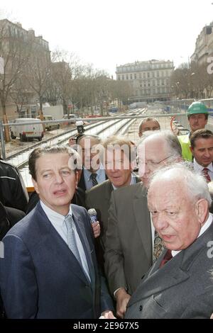 Marseille mayor Jean-Claude Gaudin (L) and French Minister of Transport, Dominique Perben visit the Tramway railroad yard, on the 'Canebire' avenue in Marseille, on March 21, 2006. Photo by Gerald Holubowicz/ABACAPRESS.COM Stock Photo