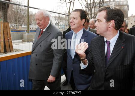 Marseille mayor Jean-Claude Gaudin, Renaud Muselier and French Minister of Transport, Dominique Perben visit the Tramway railroad yard, on the 'Canebire' avenue in Marseille, on March 21, 2006. Photo by Gerald Holubowicz/ABACAPRESS.COM Stock Photo