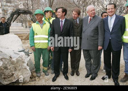 Marseille mayor Jean-Claude Gaudin (c), Renaud Muselier (l) and French Minister of Transport, Dominique Perben (r) visit the Tramway railroad yard, on the 'Canebire' avenue in Marseille, on March 21, 2006. Photo by Gerald Holubowicz/ABACAPRESS.COM Stock Photo