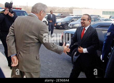 Secretary of Defense Donald H. Rumsfeld shakes hand with Bahrain's Crown Prince Salman bin Hamad Al Khalifa to the Pentagon in Virginia on March 22, 2006. Photo by Olivier Douliery/ABACAPRESS.COM