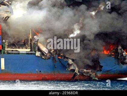 The Motor Vessel Hyundai Fortune burns in the Gulf of Aden, approximately 43 miles off the coast of Yemen on March 21, 2006. The Royal Netherlands Navy ship HNLMS De Zeven Provincien and the command ship of Combined Task Force 150, rescued 27 people from Hyundai Fortune while conducting maritime security operations in support of Operation Enduring Freedom in the area. Photo by USN via ABACAPRESS.COM Stock Photo