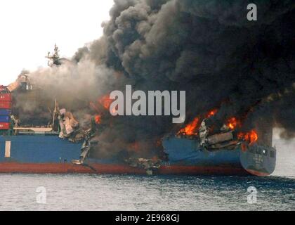 The Motor Vessel Hyundai Fortune burns in the Gulf of Aden, approximately 43 miles off the coast of Yemen on March 21, 2006. The Royal Netherlands Navy ship HNLMS De Zeven Provincien and the command ship of Combined Task Force 150, rescued 27 people from Hyundai Fortune while conducting maritime security operations in support of Operation Enduring Freedom in the area. Photo by USN via ABACAPRESS.COM Stock Photo