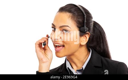 Smiling call center operator isolated on white Stock Photo