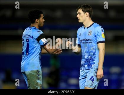 Coventry City's Michael Rose (right) bumps fists with Sam McCallum at the end of the Sky Bet Championship match at St. Andrew's Trillion Trophy Stadium, Birmingham. Picture date: Tuesday February 2, 2021. Stock Photo