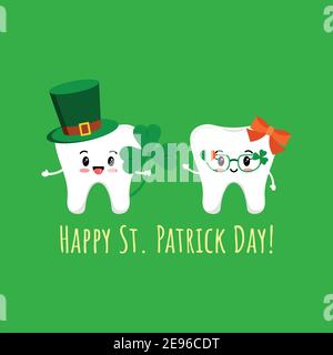 St Patrick day tooth in leprechaun hat with clover and in glasses. Stock Vector