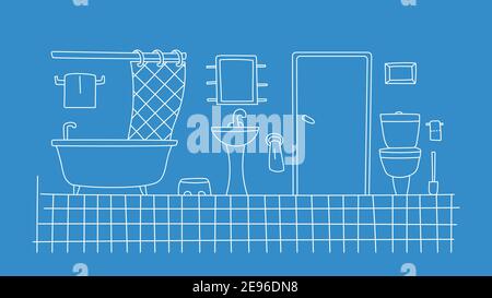 Bathroom interior flat simple. Linear outlines of furniture. Monochrome vector illustration. Blue background, white lines. Stock Vector
