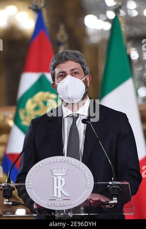 (210202) -- ROME, Feb. 2, 2021 (Xinhua) -- President of the Italian Chamber of Deputies Roberto Fico speaks to the media at the Quirinale Palace in Rome, Italy, on Feb. 2, 2021. Italian President Sergio Mattarella said Tuesday he will appoint a neutral, non-partisan figure to form a government to steer the country through the coronavirus pandemic, after exploratory talks to recompose the previous government failed. (Pool via Xinhua) Stock Photo